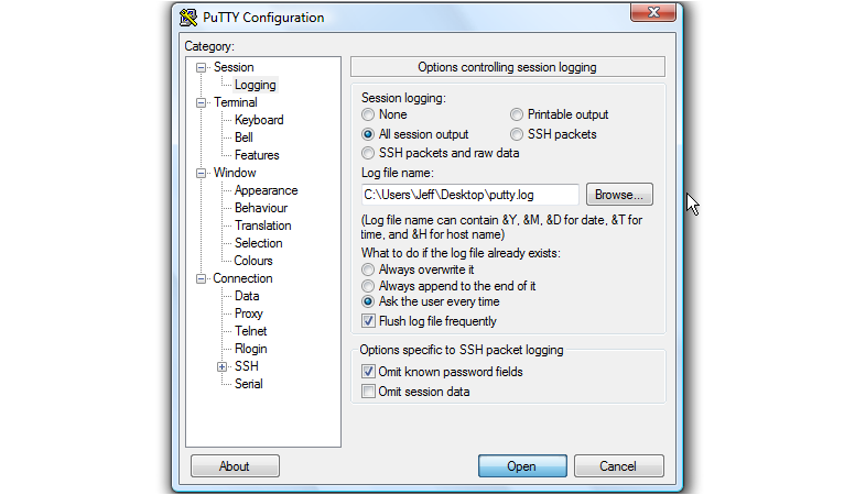 Sectionname ru настройки логирования en logger config. Putty. Putty открытый файл. Скорость интерфейса в Putty. Перемещение файлов Putty Linux.