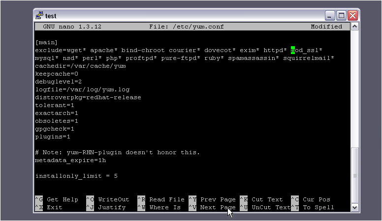 12) Open the file /etc/yum.conf with nano and add wget* to the exclude line.